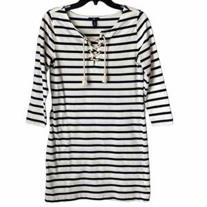 GAP Navy White Stripe Nautical Dress Lace Up 3/4 Sleeves